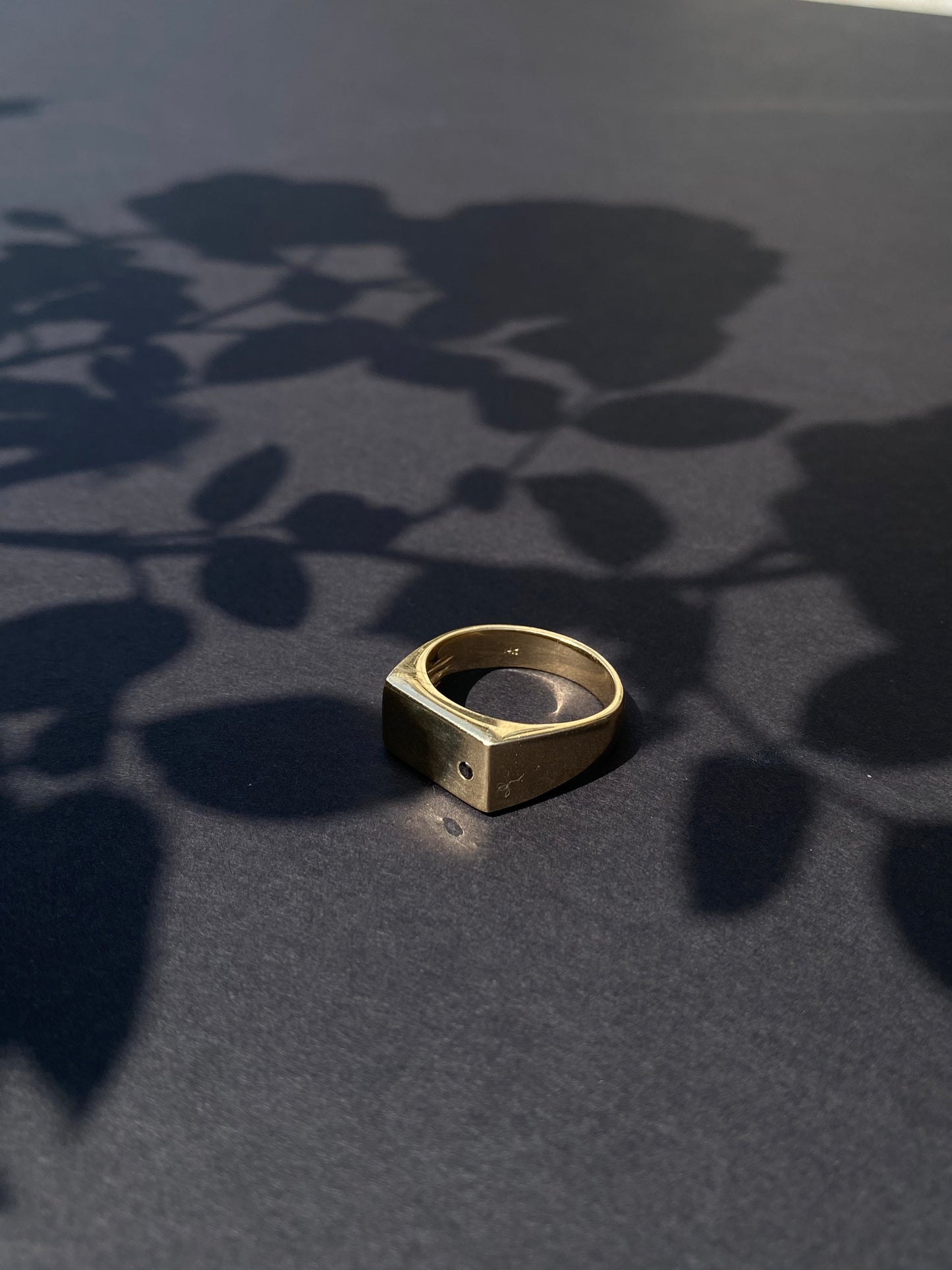 Gold ring on a dark surface with leaf shadows